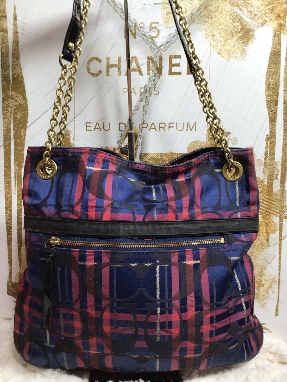Coach Navy and Pink Patterned Shoulder Bag with Gold Chains